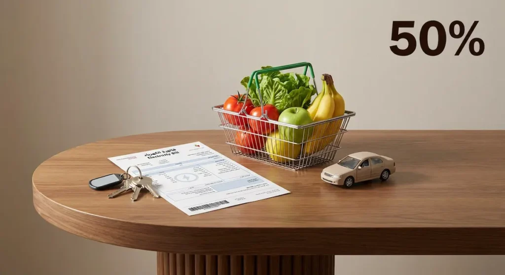 عناصر الاحتياجات الأساسية في الميزانية الشهرية تشمل السكن والفواتير والطعام والمواصلات