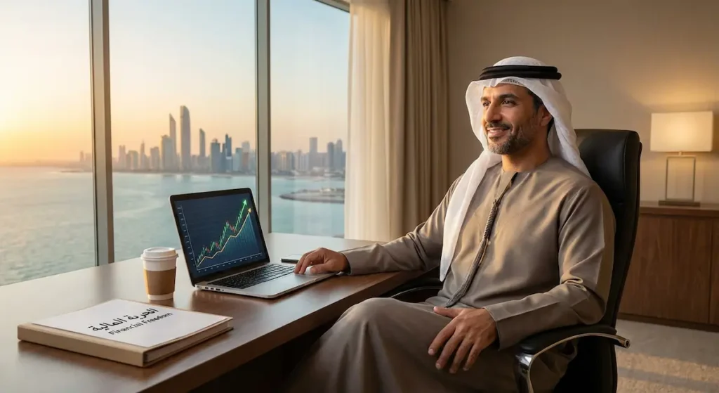 شخص يستمتع بالحرية المالية في مكتبه المنزلي مع رسم بياني يُظهر نمو استثماراته الناجحة
