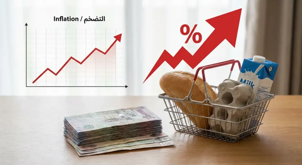 مفهوم التضخم المالي يُظهر تآكل القوة الشرائية للنقود مقابل ارتفاع أسعار السلع الأساسية