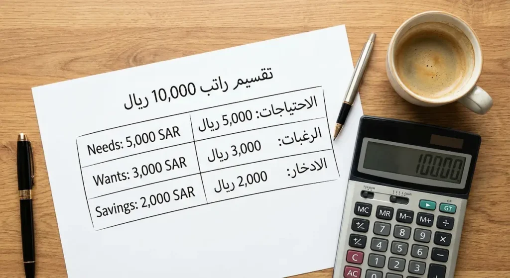 جدول تقسيم راتب شهري 10,000 ريال وفق قاعدة 50/30/20 مع آلة حاسبة وأدوات تخطيط مالي