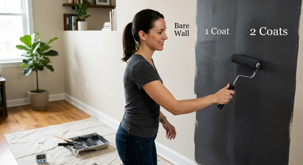 Woman applying magnetic primer with foam roller showing multiple coat progression from bare wall to second coat
