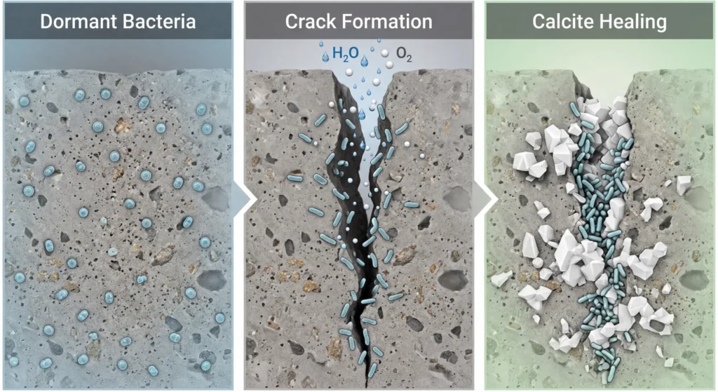 Three-stage scientific diagram showing how bacteria-infused self-healing wall materials work: dormant bacteria, crack formation with activation, and calcite crystal healing