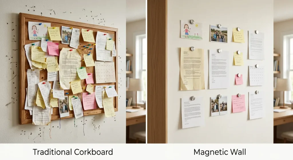 Side-by-side comparison of cluttered traditional corkboard versus clean organized magnetic wall displaying same items