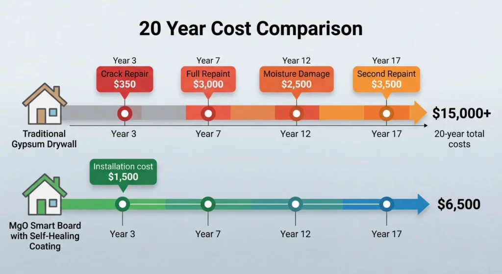 Twenty-year cost comparison timeline showing higher maintenance costs for traditional drywall versus lower long-term costs for self-healing smart wall alternatives