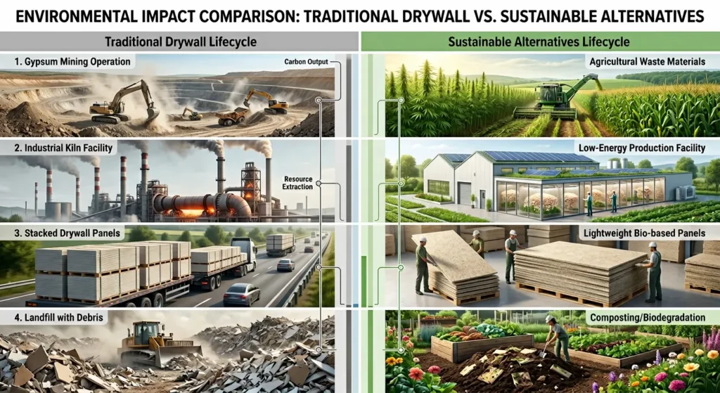 Split comparison showing environmental lifecycle of traditional drywall including mining, manufacturing, and landfill disposal versus sustainable alternatives with bio-based production and biodegradation
