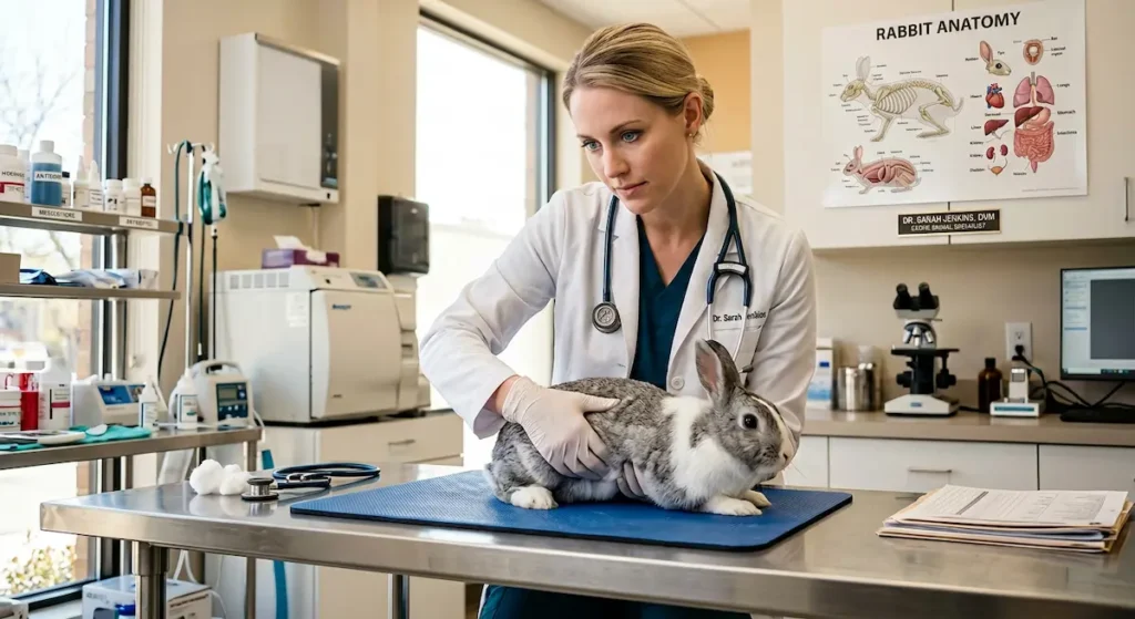 Female exotic animal veterinarian examining a rabbit on examination table in modern veterinary clinic with rabbit anatomy chart visible