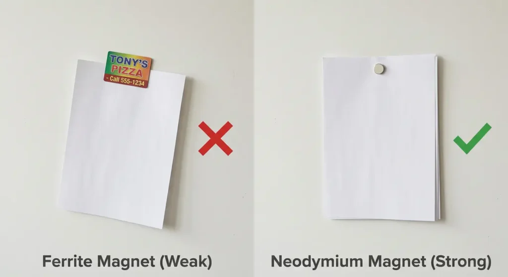 Comparison showing weak ferrite fridge magnet failing to hold paper versus strong neodymium disc magnet holding multiple sheets firmly
