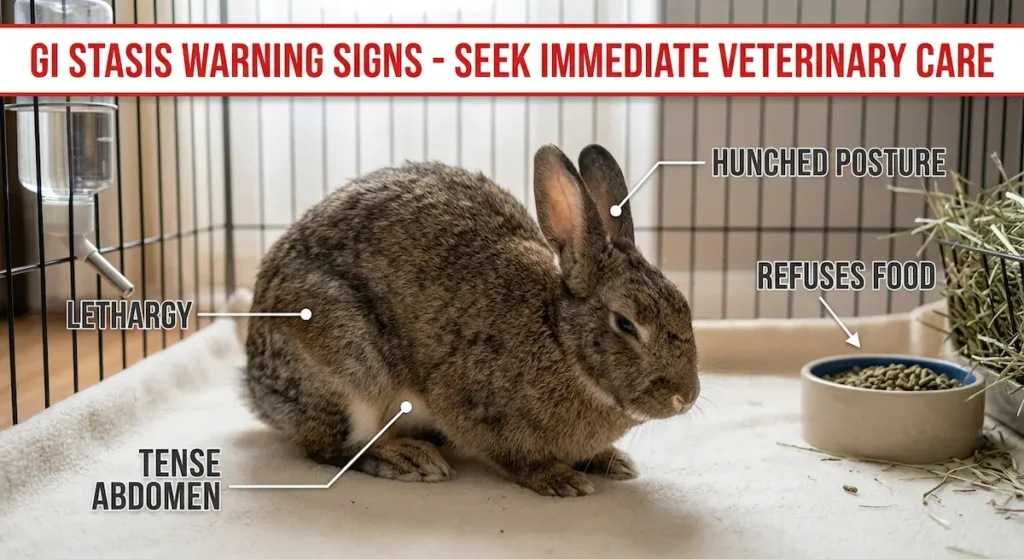 Rabbit displaying GI stasis warning signs including hunched posture, refusing food, and lethargy with labeled symptom indicators