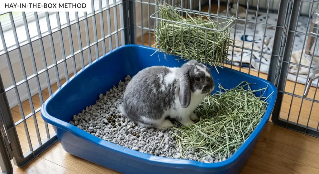 Rabbit sitting in litter box eating hay from inside the box and mounted rack, demonstrating the hay-in-the-box litter training method