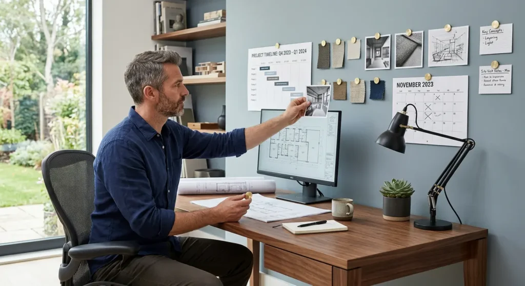 Creative professional in home office using magnetic wall to display project timeline, photos, and fabric swatches with disc magnets