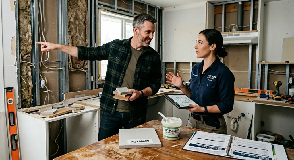 Homeowner and contractor discussing smart wall material options during kitchen renovation with MgO board and bio-plaster samples visible