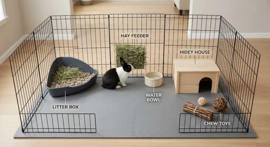Overhead view of ideal rabbit exercise pen setup showing labeled litter box, hay feeder, water bowl, hidey house, and chew toys