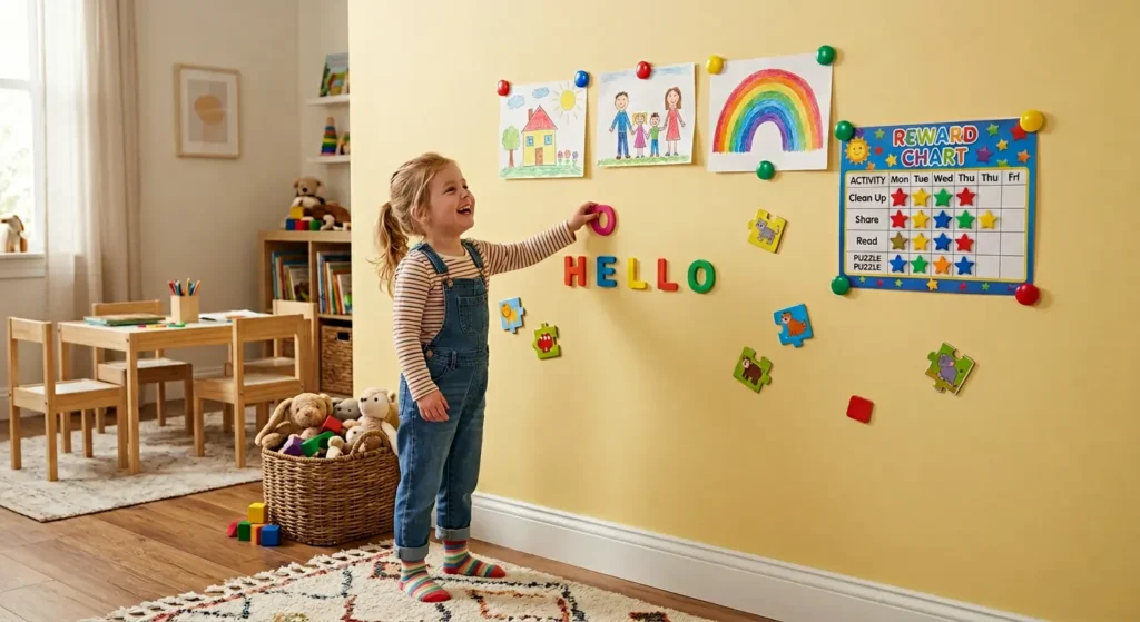Young child playing with magnetic alphabet letters on yellow magnetic wall in playroom with artwork displayed using colorful magnets