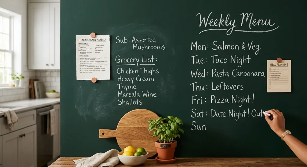 Kitchen wall with dark green magnetic chalkboard surface showing recipe card held by magnet alongside handwritten chalk grocery list