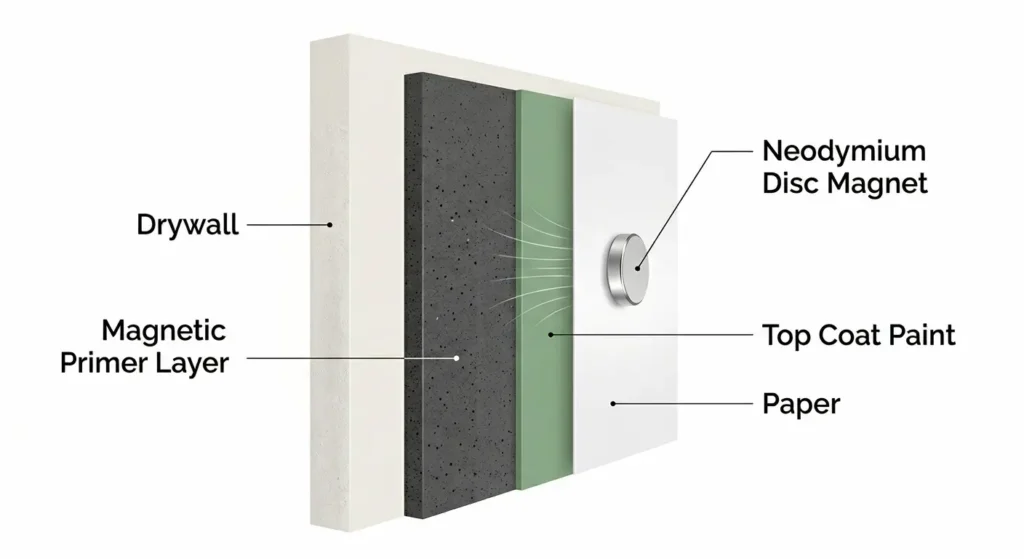 Cross-section diagram showing magnetic paint wall layers including drywall, magnetic primer with iron particles, and top coat paint with magnet attached