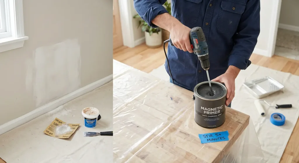 Wall preparation for magnetic paint showing sanded surface and drill mixer stirring dark gray magnetic primer in can