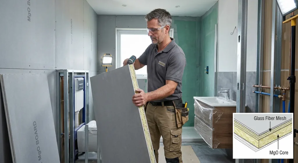 Professional contractor installing magnesium oxide MgO boards in a modern bathroom renovation with inset showing board cross-section structure