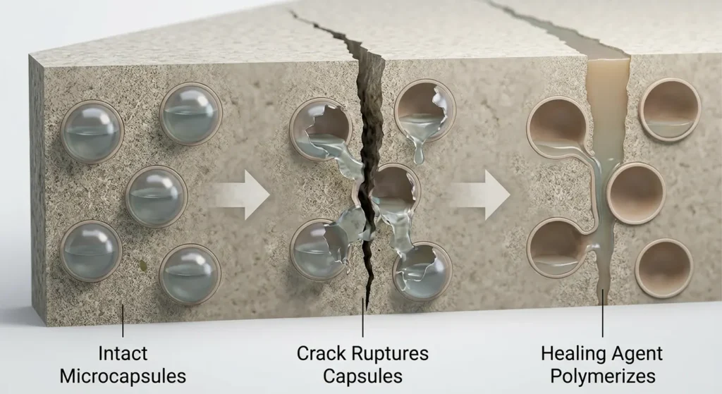 Technical diagram showing microcapsule self-healing technology with three stages: intact capsules, crack rupturing capsules, and healing agent polymerizing to seal damage