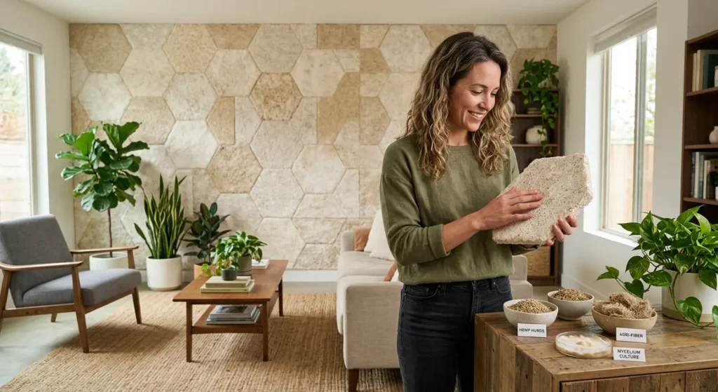 Modern living room featuring mycelium wall panels as an accent wall with homeowner examining a panel sample and raw production materials displayed