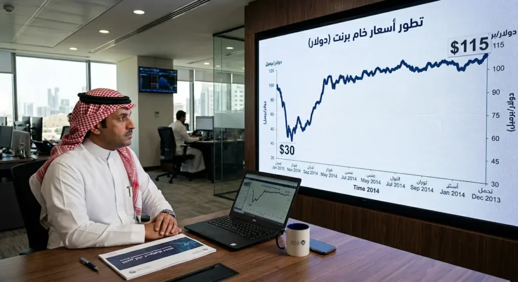 محلل مالي سعودي ينظر إلى شاشة تداول تُظهر منحنى هبوطي لأسعار النفط من 115 إلى 30 دولاراً في بيئة مكتبية احترافية