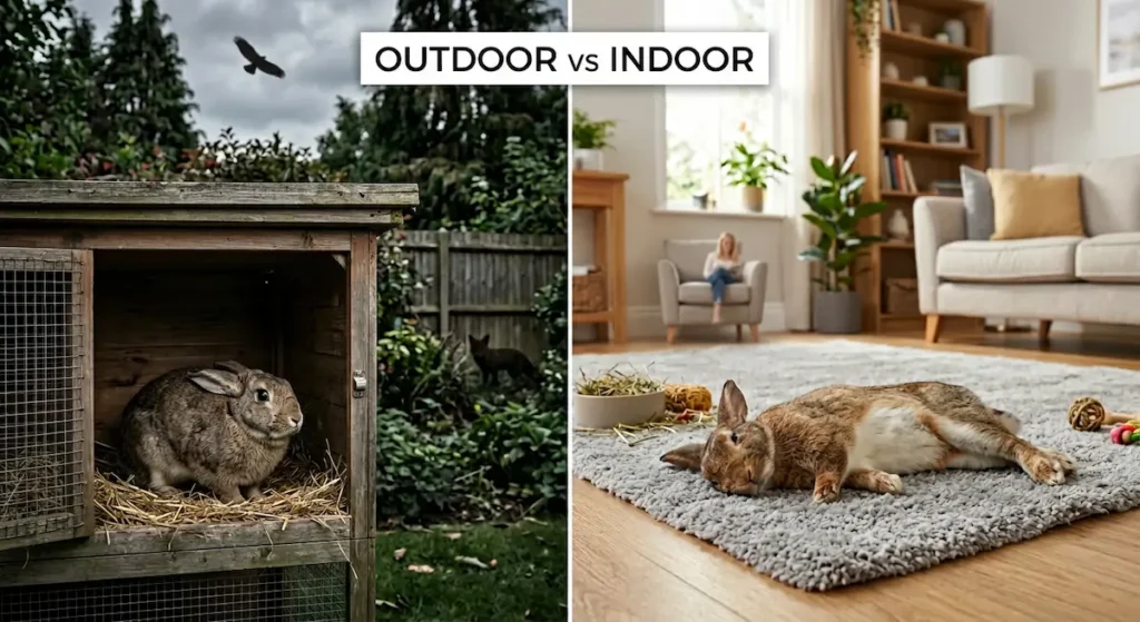 Split comparison showing a stressed rabbit in an outdoor hutch with predator shadows versus a relaxed flopped rabbit safely indoors