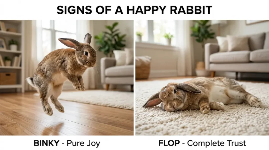 Split image showing a rabbit performing a mid-air binky jump on the left and a relaxed flopped rabbit lying on its side on the right