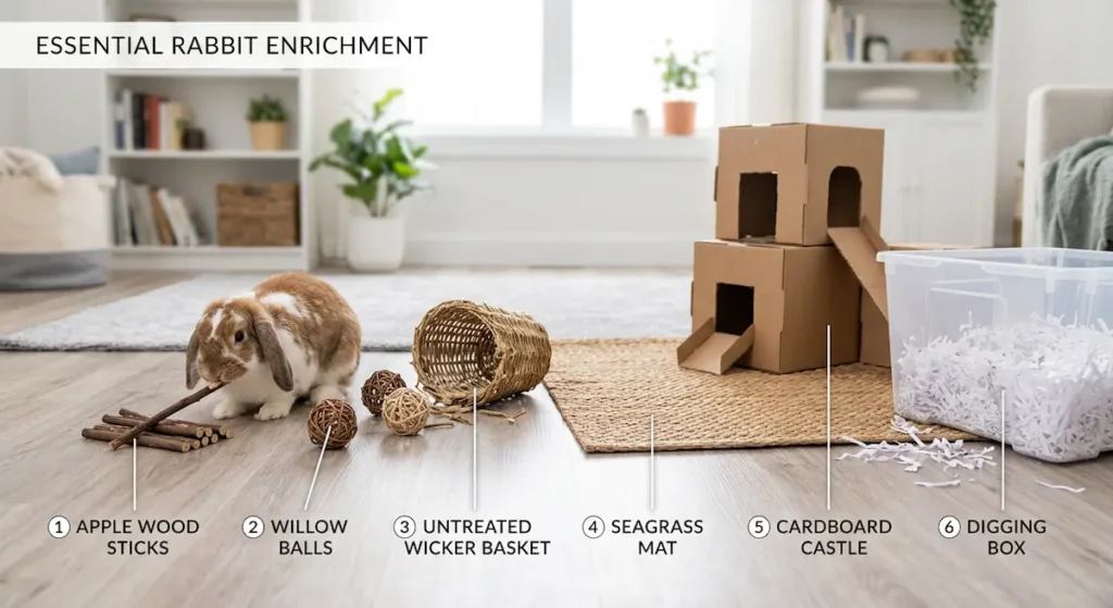 Rabbit play area showing labeled enrichment items including apple wood sticks, willow balls, wicker basket, seagrass mat, cardboard castle, and digging box