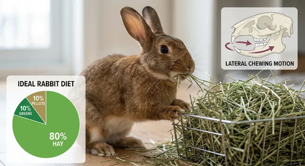 Rabbit eating Timothy hay with lateral chewing motion, including dental diagram inset and pie chart showing 80% hay diet proportion