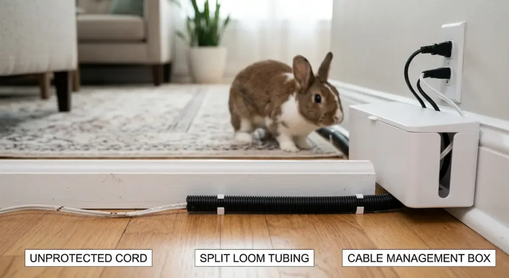 Close-up of rabbit-proofing methods showing unprotected cord, split loom tubing protection, and cable management box with a curious rabbit nearby
