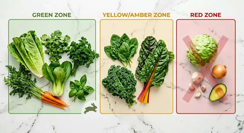 Flat-lay of vegetables in three zones showing safe daily greens, sparingly-fed vegetables, and toxic foods to avoid for rabbits