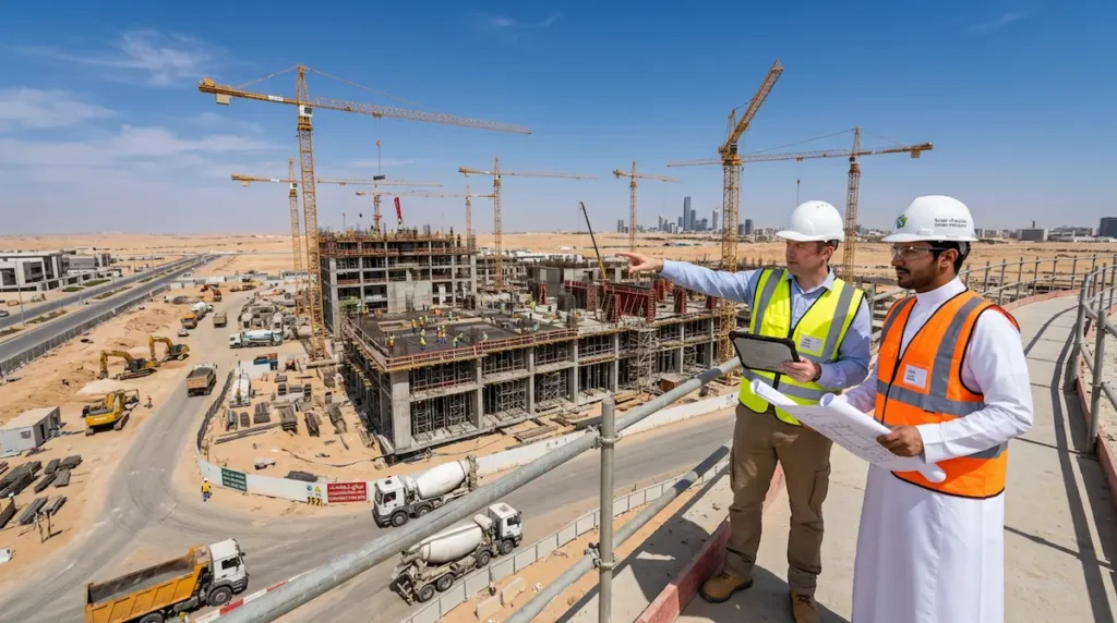 موقع إنشاءات ضخم في السعودية مع رافعات عملاقة ومهندسين سعودي وأجنبي يراجعان مخططات المشروع