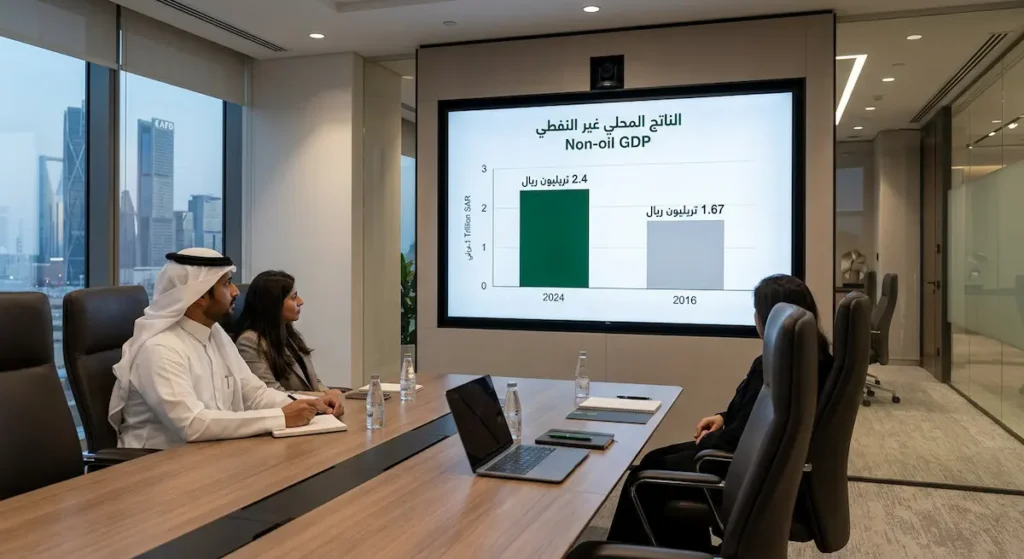 رسم بياني على شاشة عرض يُظهر نمو الناتج المحلي غير النفطي السعودي من 1.67 تريليون ريال في 2016 إلى 2.4 تريليون ريال في 2024
