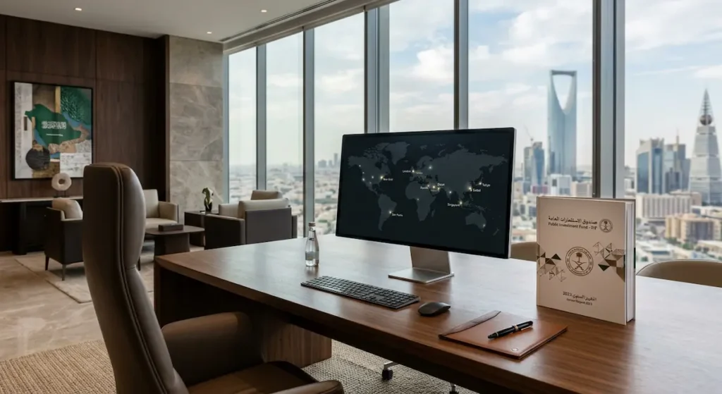 مكتب تنفيذي في الرياض مع شاشة تعرض خريطة استثمارات عالمية وتقرير صندوق الاستثمارات العامة السعودي