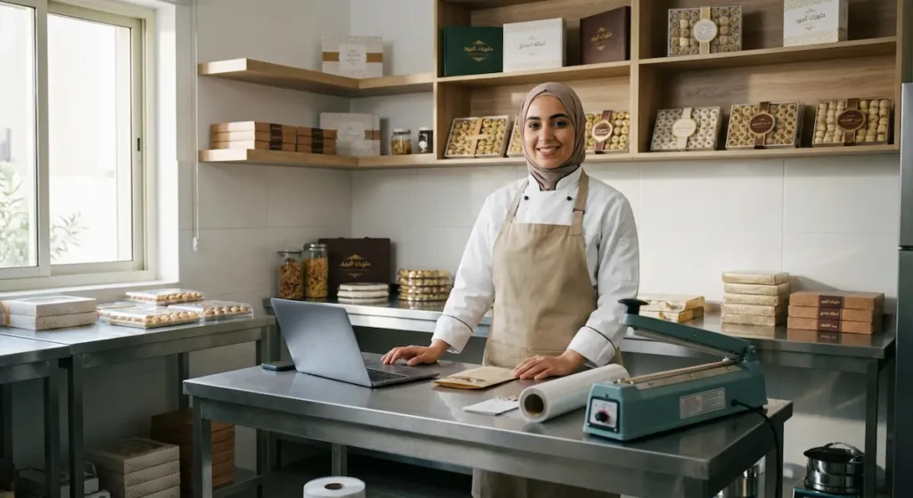  سيدة أعمال عربية ناجحة تدير مؤسستها الفردية في مطبخ إنتاجي