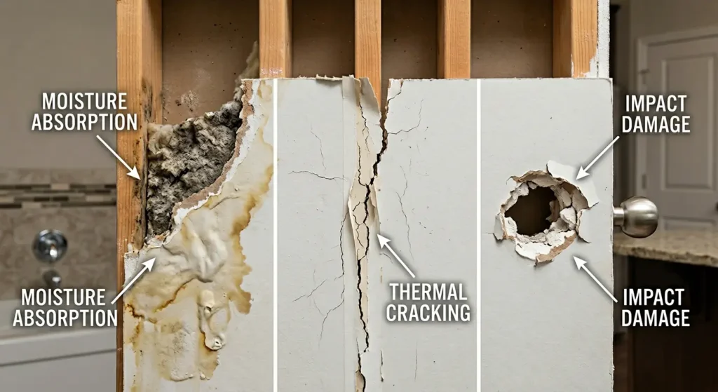 Cross-section diagram showing three common problems with traditional gypsum drywall: moisture absorption, thermal cracking, and impact damage
