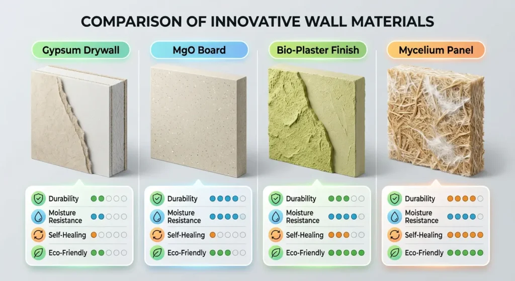 Comparison infographic of four wall materials - gypsum drywall, MgO board, bio-plaster, and mycelium panel - showing ratings for durability, moisture resistance, self-healing, and eco-friendliness