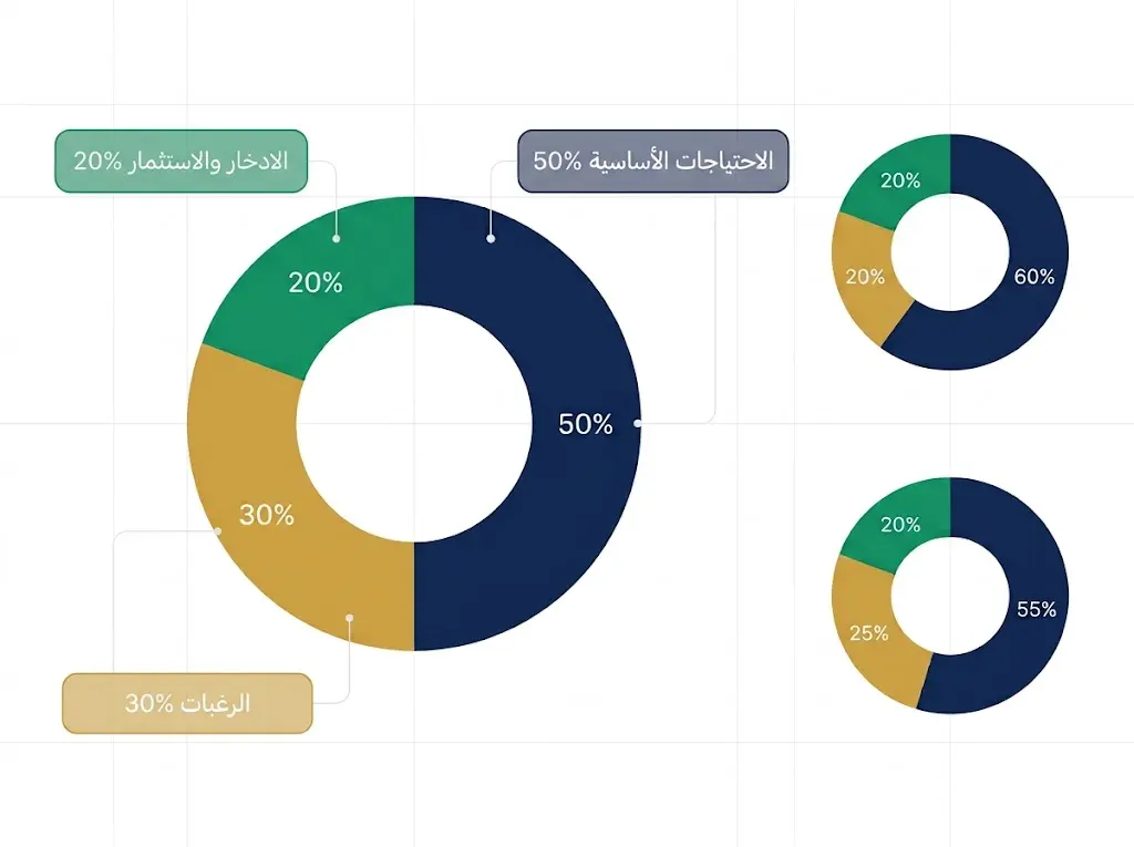رسم بياني يوضح توزيع الدخل الشهري وفق قاعدة 50/30/20 وتعديلاتها المرنة