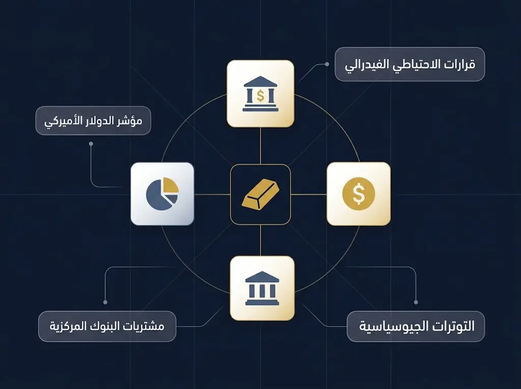 مخطط توضيحي يشرح المحركات الأربعة الرئيسة لحركة أسعار الذهب: الفيدرالي الأميركي، مؤشر الدولار، التوترات الجيوسياسية، ومشتريات البنوك المركزية