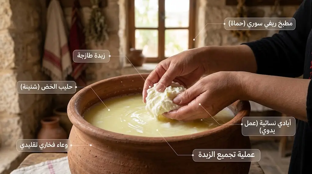 عملية الخض التقليدية لفصل الزبدة عن الشنينة في قرية حموية