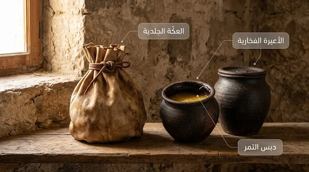 أدوات حفظ السمن الحموي التقليدية: العكة الجلدية والأعيرة الفخارية المدهونة بدبس التمر