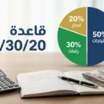 صورة غلاف مقال قاعدة 50/30/20 لتقسيم الراتب تُظهر مكتب عمل احترافي مع آلة حاسبة ورسم بياني دائري يوضح نسب التقسيم المالي