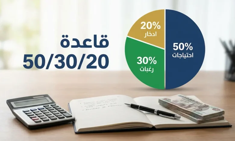 صورة غلاف مقال قاعدة 50/30/20 لتقسيم الراتب تُظهر مكتب عمل احترافي مع آلة حاسبة ورسم بياني دائري يوضح نسب التقسيم المالي