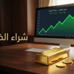 سبيكة ذهب وعملات ذهبية على مكتب أنيق مع شاشة تعرض رسماً بيانياً لسعر الذهب وعنوان "شراء الذهب"