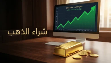 سبيكة ذهب وعملات ذهبية على مكتب أنيق مع شاشة تعرض رسماً بيانياً لسعر الذهب وعنوان "شراء الذهب"