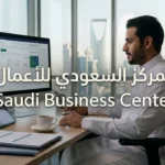رائد أعمال سعودي يعمل على منصة المركز السعودي للأعمال الرقمية في مكتب عصري مع إطلالة على مدينة سعودية حديثة