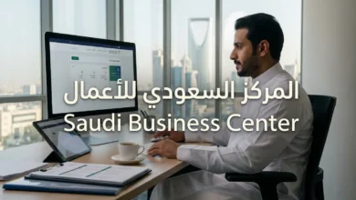 رائد أعمال سعودي يعمل على منصة المركز السعودي للأعمال الرقمية في مكتب عصري مع إطلالة على مدينة سعودية حديثة