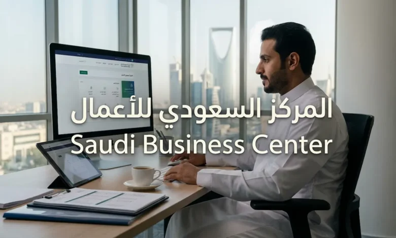 رائد أعمال سعودي يعمل على منصة المركز السعودي للأعمال الرقمية في مكتب عصري مع إطلالة على مدينة سعودية حديثة