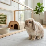 A healthy Holland Lop rabbit sitting on a soft rug in a modern living room with an exercise pen setup, hay feeder, and natural lighting