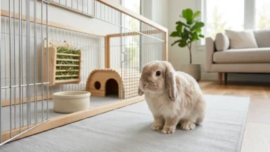A healthy Holland Lop rabbit sitting on a soft rug in a modern living room with an exercise pen setup, hay feeder, and natural lighting