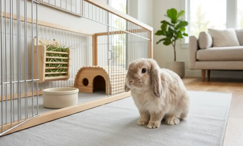 A healthy Holland Lop rabbit sitting on a soft rug in a modern living room with an exercise pen setup, hay feeder, and natural lighting